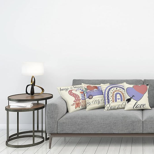 Ambesonne Romantic Throw Pillow Cushion Case Pack of 4, Love Hearts Arrow You and Me Be My Valentine Hugs Kisses Lettering, Modern Accent Double-Sided Digital Printing, 18", Ivory Lavender Pale Rust