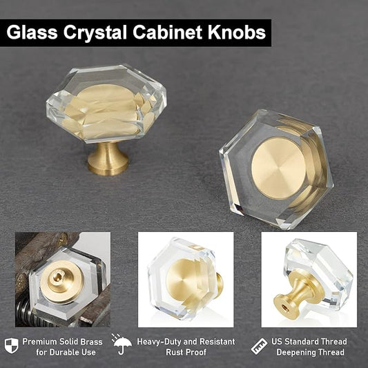 QOGRISUN 5-Pack Brass Crystal Cabinet Knobs,Glass Crystal Gold Drawer Knobs,1-1/2-Inch Hexagon,Decorative Dresser Pulls, Modern Cabinet Hardware