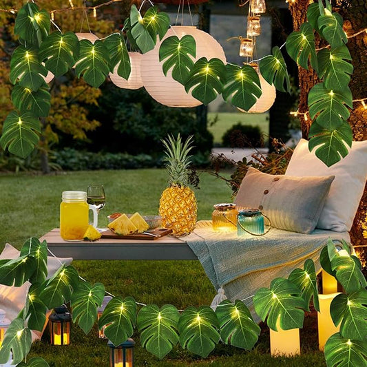 RECUTMS 2 Pack Artificial Tropical Palm Leaves String Lights, Large Size 20 LED Monstera Green Leaf Hanging Vine Greenery,Indoor Hawaiian Luau Jungle Beach Safari Baby Shower Party Spring Summer Decor