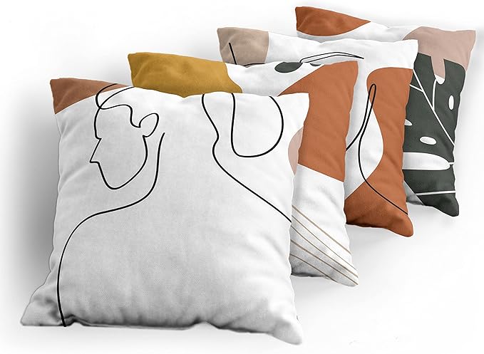 Ambesonne Minimal Throw Pillow Cushion Case Pack of 4, Modern Line Art Woman Portrait with Contemporary Leafy Geometric Details, Modern Accent Double-Sided Digital Printing, 20", Rust Tan and Mustard