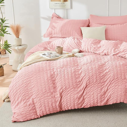 HYMOKEGE Rose Pink Twin Comforter Set Seersucker 5 Pieces, All Season Luxury Bed in a Bag for Bedroom, Bedding Set with Comforter, Sheets, Pillowcase & Sham