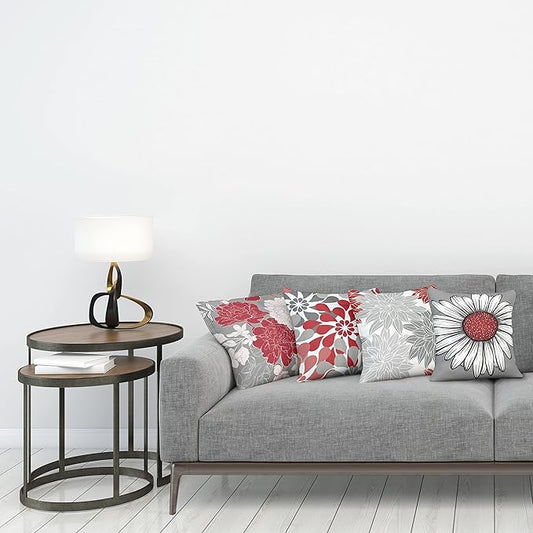 Ambesonne Floral Throw Pillow Cushion Case Pack of 4, Flower Petals Modern Color Palette Chamomile Peony Dahlia and Sunflower Print, Modern Accent Double-Sided Digital Printing, 24", Grey Dark Pink