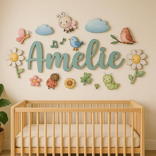 Custom Nursery Name Sign with Themed Decor Kit | Personalized Wooden Wall Art for Baby, Kids Room | Space, Jungle, Circus, Under the Sea, Woodland, Rainbow (40", Fairy Garden)