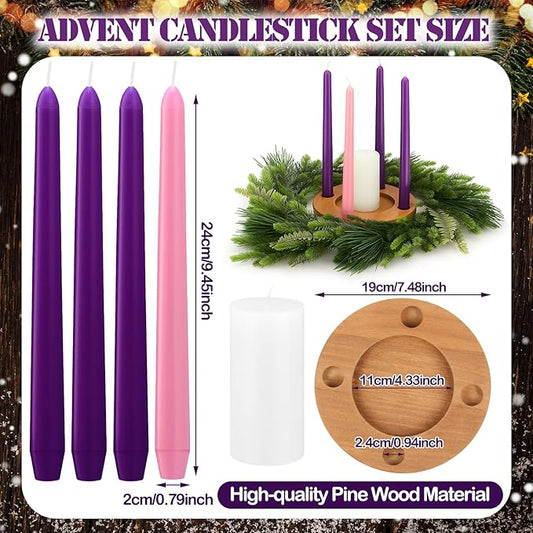 Mumufy 6 Pcs Advent Candle Holder Set Nativity Christmas Centerpiece Religious Decorations Rustic Wooden Advent Candlestick Holders with Purple Pink Taper Candles for Thanksgiving Christmas Nativity