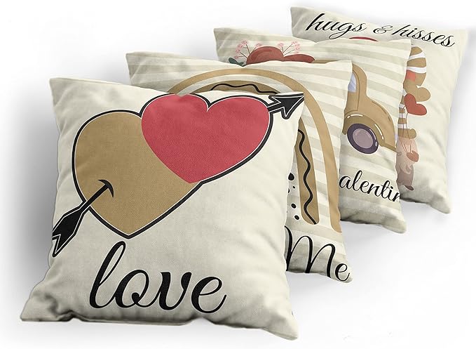 Ambesonne Romantic Throw Pillow Cushion Case Pack of 4, Love Hearts Arrow You and Me Be My Valentine Hugs Kisses Lettering, Modern Accent Double-Sided Digital Printing, 16", Ivory Camel and Dark Pink