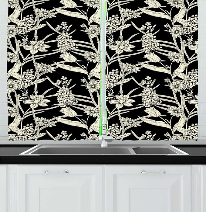 Lunarable Vintage Long Kitchen Curtains, Nature Inspired Pattern with Spring Flowers Monochrome Engraved Design, 2 Panel Set Drapes with Rod Pocket Room Decor, 55" x 45", Charcoal Grey and Cream
