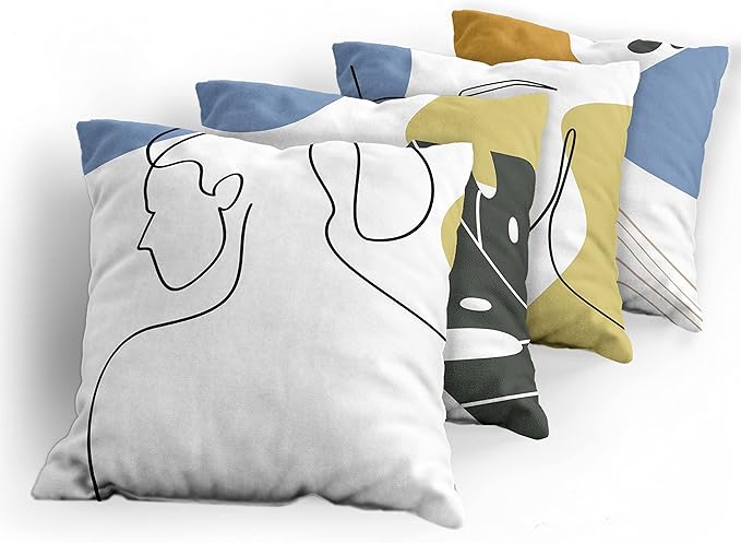 Ambesonne Minimal Throw Pillow Cushion Case Pack of 4, Modern Line Art Woman Portrait with Contemporary Leafy Geometric Details, Modern Accent Double-Sided Digital Printing, 24", Mustard and Blue Grey