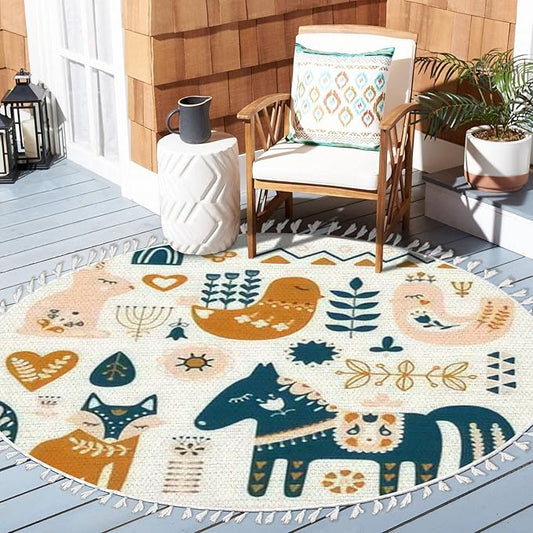 Round Rugs Composition Folk Art Animals Decorative Elements Hand Drawn Boho Area Rug Linen and Cotton Carpet Meditation Rug Washable Hallway Runner Mat Accent Rug for Bedroom Bathroom 6ft