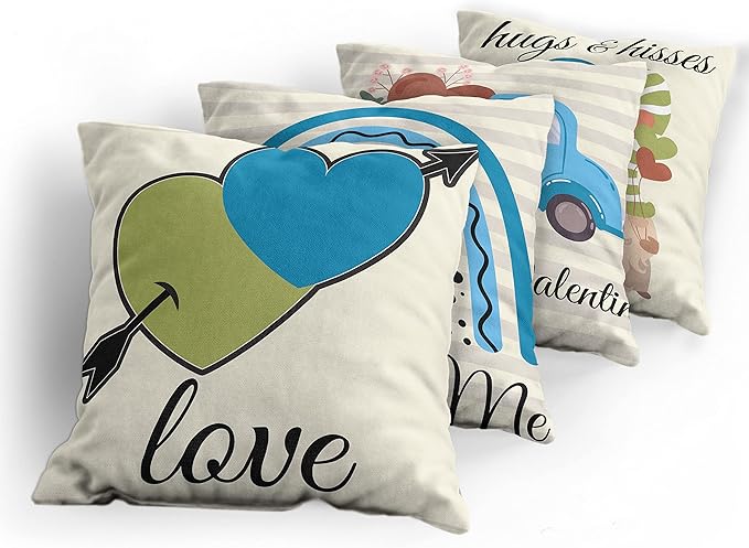 Ambesonne Romantic Throw Pillow Cushion Case Pack of 4, Love Hearts Arrow You and Me Be My Valentine Hugs Kisses Lettering, Modern Accent Double-Sided Digital Printing, 20", Ivory Blue and Olive Green