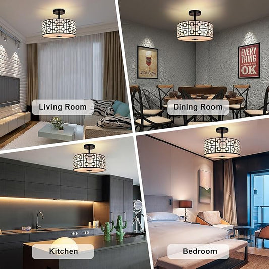 DLLT Flush Mount Ceiling Light: Modern 3-Light Semi Flush Mount Ceiling Light Fixture - Drum Kitchen Lighting Fixture for Dining Room - Black Bedroom Ceiling Lamp with Double Shade
