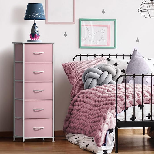 Sorbus Fabric Dresser for Kids Bedroom - Chest of 5 Drawers, Tall Storage Tower, Clothing Organizer, for Closet, for Playroom, for Nursery, Steel Frame, Fabric Bins - Wood Handle (Pink)
