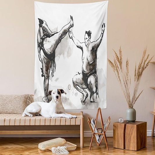 Lunarable Japan Tapestry Twin Size, Sumo Martial Arts Theme in Hand Drawn Style Wrestlers Sportsmen Self Defence, Wall Hanging Bedspread Bed Cover Wall Decor, Twin Size, Black White