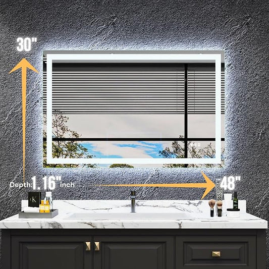 LED Bathroom Mirror 48"x 30", Front Lit and Backlit LED Mirror with Lights,Stepless Dimmable,Anti-Fog, Shatter-Proof, Memory, 3 Colors,LED Mirror for Bathroom .(Horizontal/Vertical)