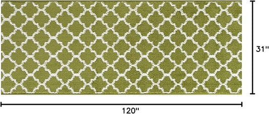 Custom Size Moroccan Trellis Runner Rug Mat for Wide Hallway Entryway Kitchen Laundry Room with Slip Resistant Latex Rubber Backing, Trellis Green, 31 inch X 10 feet