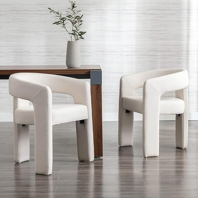 Modern Barrel Dining Chairs Set of 3, Linen Upholstered Accent Side Chair with Arms Comfy Makeup Vanity Chairs, Dining Living Room Kitchen Chairs, Beige