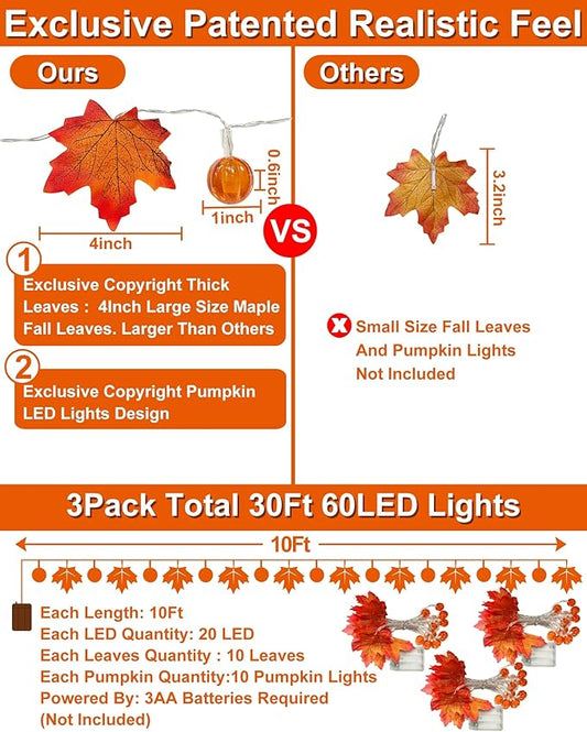 3 Pack Thanksgiving Decorations Fall Garland with Pumpkin Lights & Enlarged Maple Fall String Lights Pumpkin Decor, 30Ft 60LED Waterproof Battery Operated Christmas Fall Thanksgiving Decor for Home