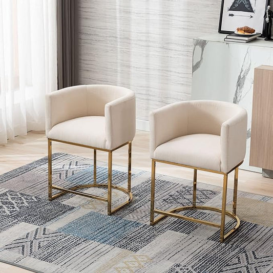 Modern Counter Height Linen Upholstered Bar Stool, 24" Kitchen Counter Island Stool Bar Chairs with Gold Metal Frame for Kitchen Island, Cream