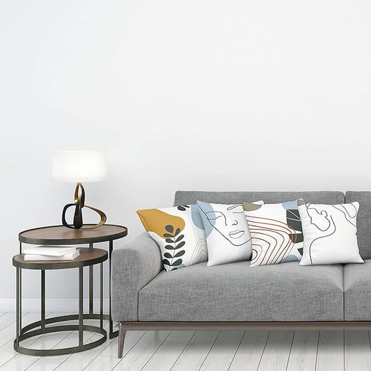Ambesonne Minimal Throw Pillow Cushion Case Pack of 4, Modern Line Art Woman Portrait with Contemporary Leafy Geometric Details, Modern Accent Double-Sided Digital Printing, 16", Baby Blue Taupe Amber