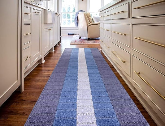 Custom Size Coastal Nautical Style Runner Rug Carpet for Hallway Entryway, Slip Resistant Latex Rubber Backed, 31 inch Wide X Customized Length, Squares Blue, 31 inch X 7 feet