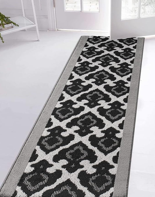 Custom Length Cut to Size Fleur de Lis Inspired Carpet Runner Rug for Hallways, Non Slip Rubber Backed, 31 inch Wide X Customized Length, Royal Grey, 31 inch X 13 feet