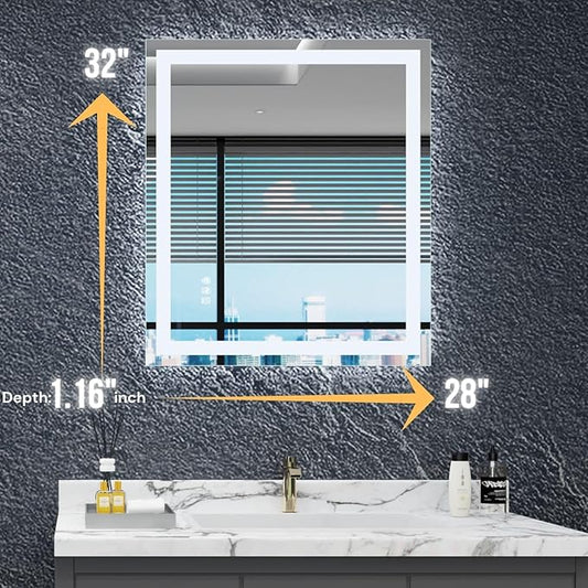 LED Bathroom Mirror with Lights 28"x 32", Front Lit and Backlit Mirror Bathroom,Stepless Dimmable,Anti-Fog, Shatter-Proof, Memory, Lighted Vanity Mirror (Horizontal/Vertical)