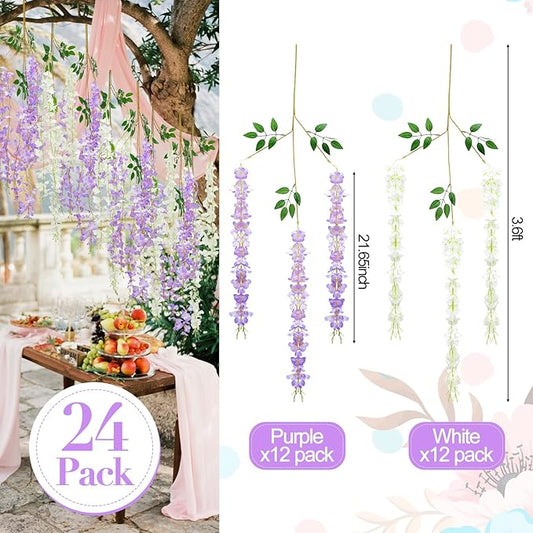 Giegxin 24 Pcs Artificial Wisteria Hanging Flowers 3.6 ft Artificial Fake Wisteria Vine Rattan Hanging Garland Silk Flowers String for Wall Home Wedding Party Greenery Decorations (Purple,White)