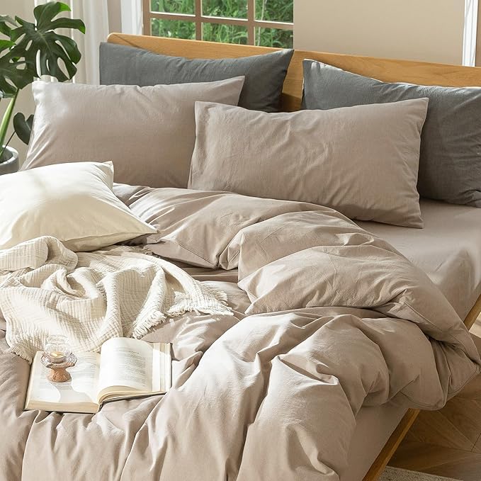 MooMee Bedding Duvet Cover Set 100% Washed Cotton Linen Like Textured Breathable Durable Soft Comfy (Heathered Taupe, Super King 108"x98")