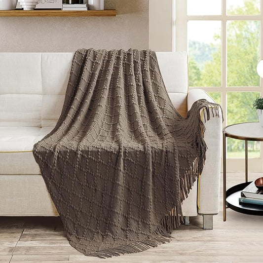 BOURINA Brown Throw Blanket 50 x70 Inches Jacquard Argyle Throw Textured Solid Soft Throws and Blankets for Sofa or Bed Knitted Decorative Blanket