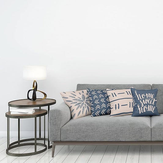Ambesonne Modern Throw Pillow Cushion Case Pack of 4, Scandinavian Minimal Ornaments Boho Feather Leaves and Home Phrase, Modern Accent Double-Sided Digital Printing, 20", Pale Tan and Slate Blue