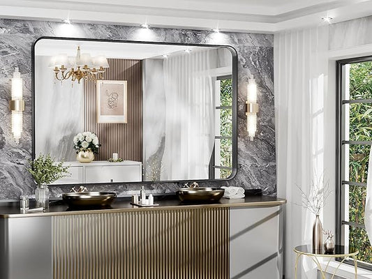 Hasipu Black Bathroom Wall-Mounted Mirror 59x39 Inch Rounded Rectangle Vanity Mirror Metal Framed Wall Mirrors Anti-Rust Surface Mount (Hangs Horizontal or Vertical)