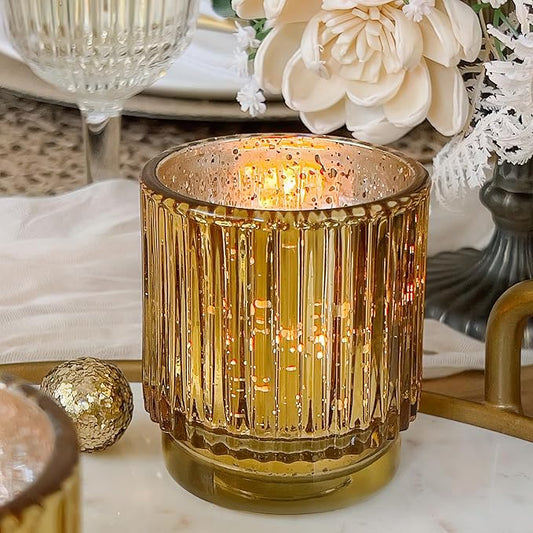 Kate Aspen Vintage Fluted Gold Glass Votive Candle Holders and Tea Lights Candles - Gold Candle Holders Set of 6 for Boho Home Decor, Kitchen Shelf and Bookshelf Decor, Rustic Table Decorations