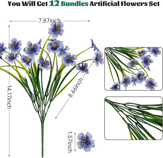 Lnoicy 12 Pcs Artificial Flowers for Outdoor,Plastic Flowers Decoration, UV Resistant Faux Flowers Shrubs, Artificial Plants for Indoor Outside Garden Home Wedding Farmhouse(Blue)