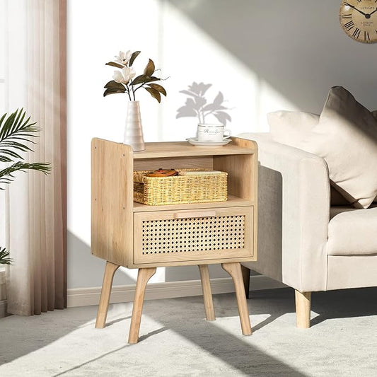 Lerliuo Rattan Nightstand, Boho Side Table with Drawer Open Shelf, Cane Accent Bedside End Table with Solid Wood Legs for Bedroom, Dorm and Small Spaces (Natural)
