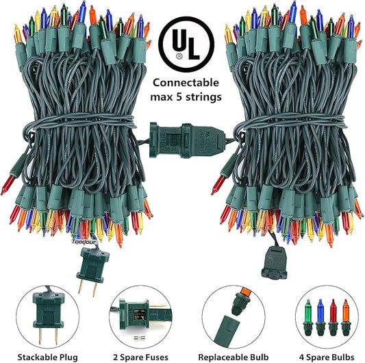 Toodour Multicolor Christmas Lights, 25ft 100 Count Incandescent Christmas String Lights, UL Certified Connectable Green Wire Xmas Lights for Tree, Holiday, Party, New Year, Indoor Xmas Decorations