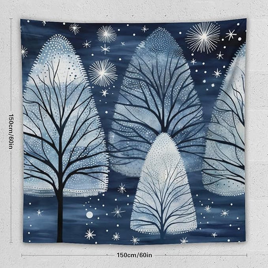 Tapestries Trendy Blue Silver Glitter Tree Christmas Tapestry Xmas Rustic Winter Holiday Tapestry for Bedroom Aesthetic Wall Hanging for Bedroom Living Room Dorm 60"x60" Christmas Family Party