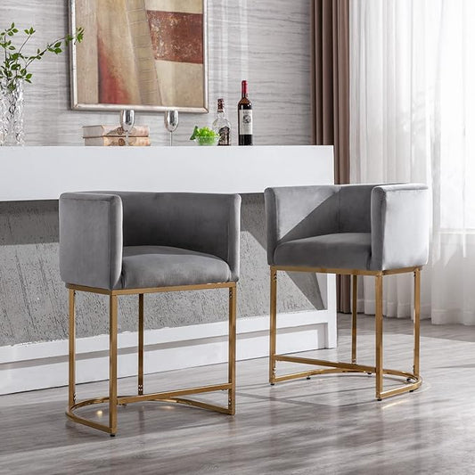 Modern Counter Height Velvet Upholstered Bar Stools Set of 4, 24" Kitchen Counter Island Stools Bar Chairs with Gold Metal Frame for Kitchen Island, Gray