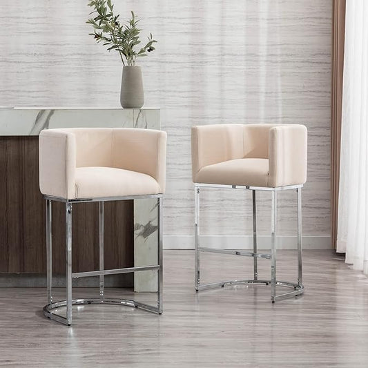 Modern Counter Height Linen Upholstered Bar Stools Set of 4, 29" Kitchen Counter Island Stools Bar Chairs with Chrome Finish Metal Frame for Kitchen Island, Cream