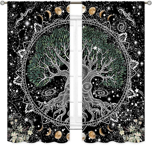 Life Tree Curtains, Hippie Sun Moon Trippy Tree of Life Bohemian Mandala Aesthetci Mystic Witchy Blackout Window Drapery Treatments for Bedroom Living Room Bathroom Decor, 52"x84" Inch