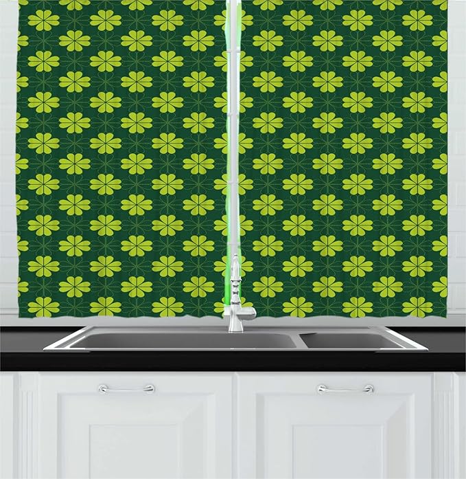 Lunarable Floral Long Kitchen Curtains, Repetitive Clovers on a Natural Background Botanical Greenery, 2 Panel Set Drapes with Rod Pocket Room Decor, 55" x 45", Apple Green Hunter Green
