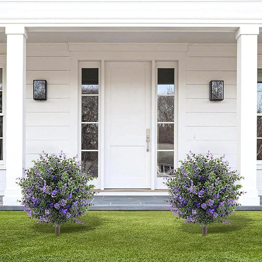 Artificial Boxwood Topiary Ball Trees with Ground Spikes UV Resistant Faux Greenery Shrubs Fake Shrubs for Outdoors, Realistic Faux Plants Bushes for Garden Porch Yard Patio Decor (Purple Green)