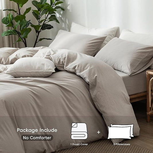 MooMee Bedding Duvet Cover Set 100% Washed Cotton Linen Like Textured Breathable Durable Soft Comfy (Heathered Cream Grey, Super Queen 90"x98")