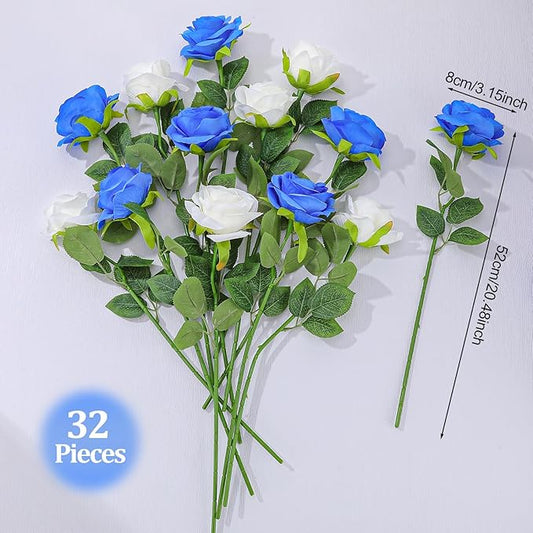 32 Pcs Blue, White Artificial Flowers Roses Fake, Silk Flowers with Stems for DIY Wedding Gothic Bridal Shower Centerpieces Arrangements Tables Decorations