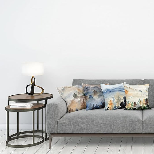 Ambesonne Forest Throw Pillow Cushion Case Pack of 4, Watercolor Painting of Nature Landscape Hazy Mountains and Pine Trees, Modern Accent Double-Sided Digital Printing, 20", Blue Emerald and Cocoa