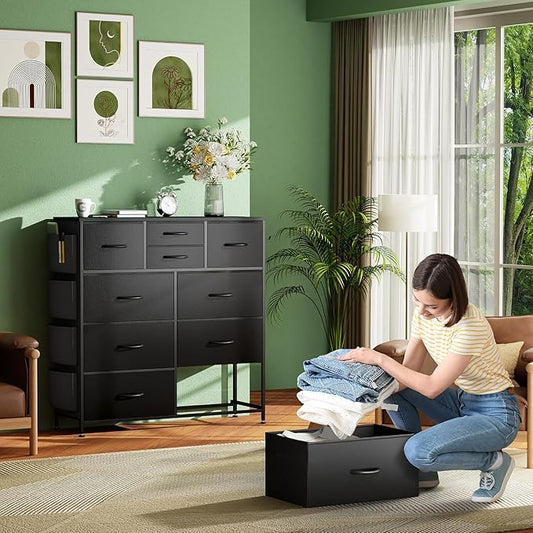 10 Drawer Dresser, Chest of Drawers for Bedroom, PU Dresser with Side Pockets, Hooks, Wooden Top and Sturdy Metal Frame for Living Room, Closet, Hallway (Black)