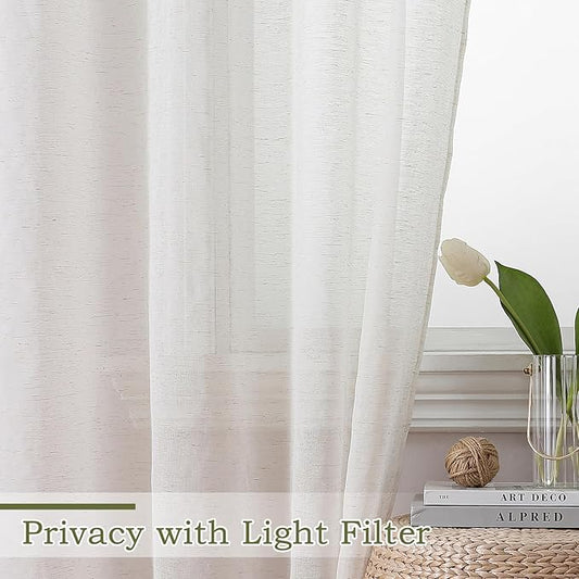 OWENIE Natural Linen Blend Sheer Curtains 72 inches Long 2 Panels Set for Bedroom, Light Filtering Farmhoues Door Curtain for Living Room Drapes, Each 40 W x 72 L