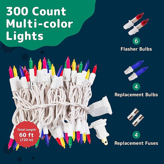 PREXTEX Bright & Colorful Christmas Lights (60 Feet, 300 Lights) - Fall Decor & Christmas Tree Lights with White Wire - Indoor/Outdoor String Lights – Multi-Color Twinkle Lights