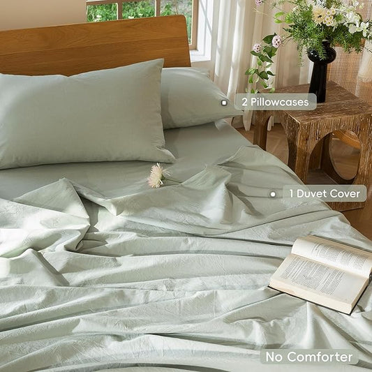MooMee Bedding Duvet Cover Set 100% Washed Cotton Linen Like Textured Breathable Durable Soft Comfy (Heathered Sage Green, Oversized Queen 98"x98")