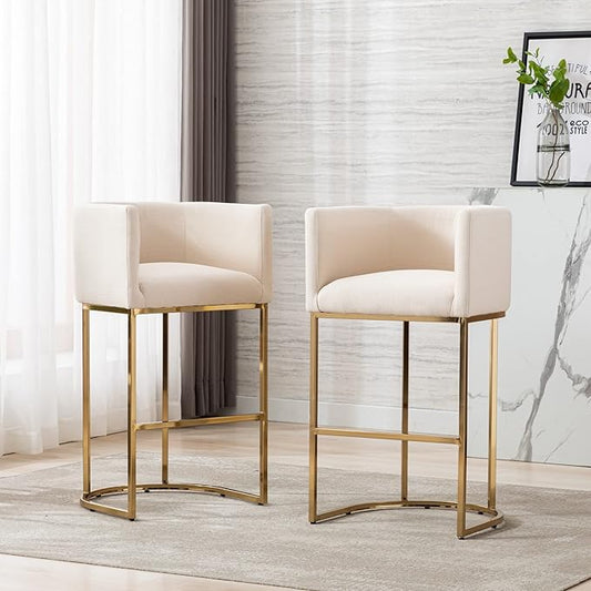Modern Counter Height Linen Upholstered Bar Stools Set of 3, 32" Kitchen Counter Island Stools Bar Chairs with Gold Metal Frame for Kitchen Island, Cream
