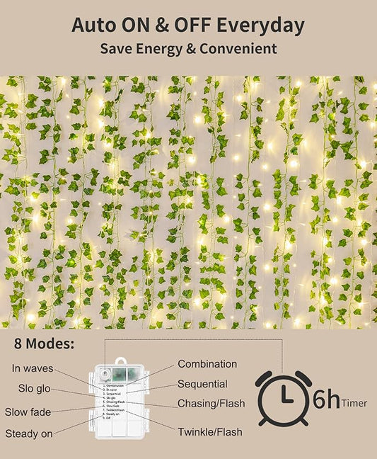 KASZOO 84Ft 12 Pack Artificial Ivy Garland Fake Plants, Vine Hanging Garland with CE Certified 80 LED String Light, Hanging for Home Bedroom Garden Party Wedding Wall Room Decor, Green