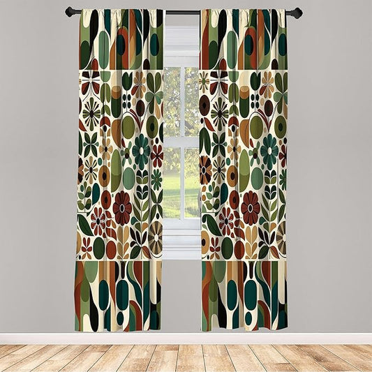 Ambesonne Scandinavian Window Curtains, Abstract Geometric Art of Leaves and Flowers with Bohemian Feel, Lightweight Decor 2-Panel Set with Rod Pocket, Pair of - 28" x 95", Olive Green Redwood Beige
